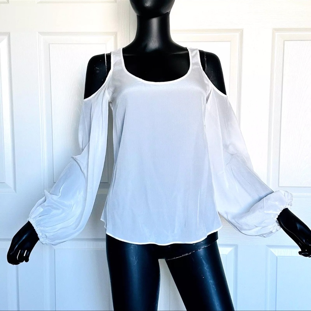NWT Bailey 44 Silk 100%Tops Blouse  Cold Shoulder White XS Long Sleeve puff
